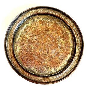 Antique Handmade Copper Round Tray Calligraphy Inscriptions Floral Pattern
